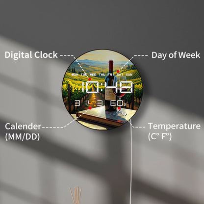 Grape Wine Vineyard Landscape Dual Purpose LED Digital Clock Wall Desk Use Electronic Wall Clock with Calendar Date Temperature
