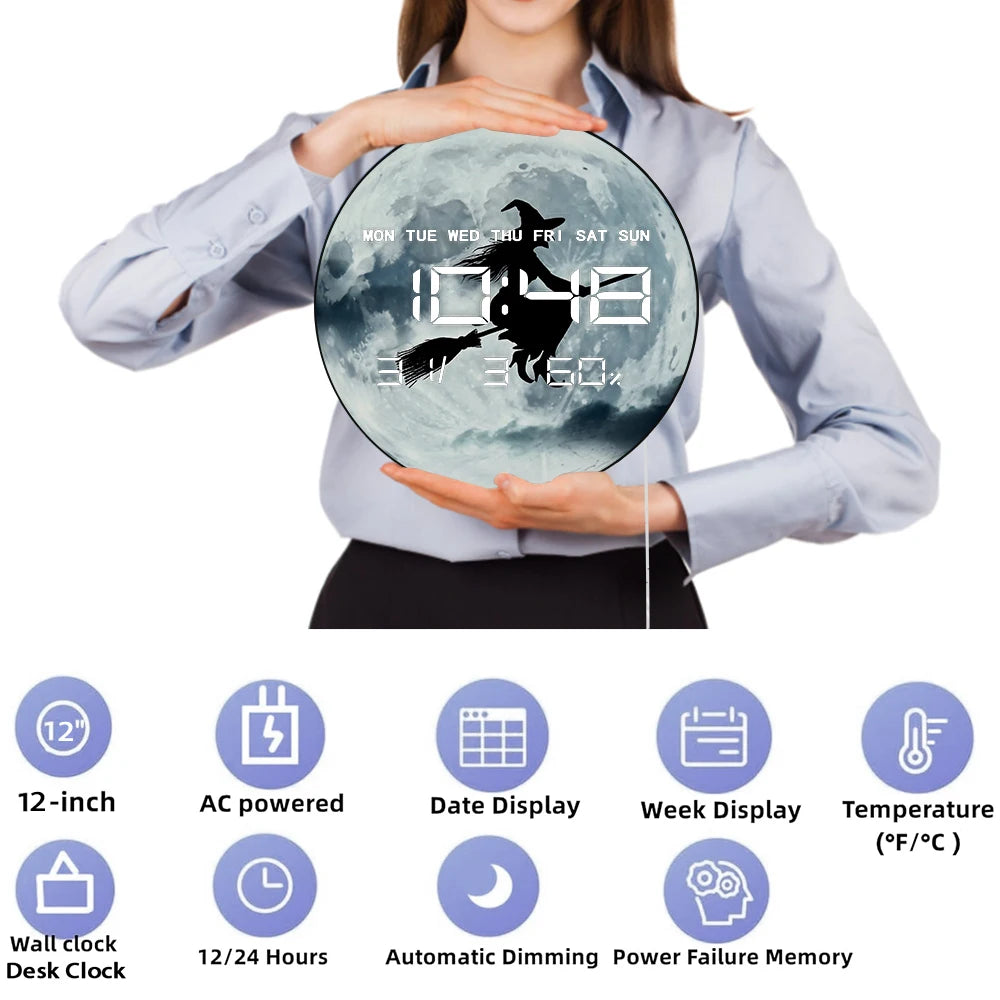 Witch Flying Full Moon Electronic Wall Clock Large Number Display Halloween Home Decor Gothic Fantasy Artwork Digital Wall Clock