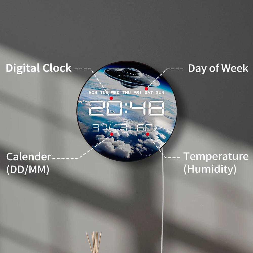 UFO Flying Earth Atmosphere LED Digital Wall Clock with Calendar Date Temperature Sci Fi Home Decor 12/24hr Electric Wall Clock