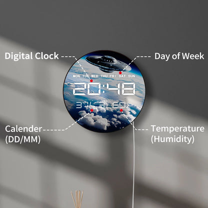 UFO Flying Earth Atmosphere LED Digital Wall Clock with Calendar Date Temperature Sci Fi Home Decor 12/24hr Electric Wall Clock