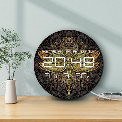 Golden Mandala Dragonfly LED Digital Wall Clock Spiritual Home Decor Electric Wall Clock with 12/24hr Date Calendar Temperature