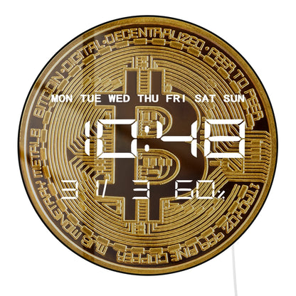 Golden Coin Bitcoin LED Digital Wall Clock For Finances Office Room Cryptocurrency BTC Symbol Art Electric Clock Wall Desk Use