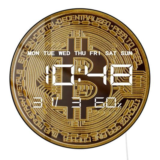 Golden Coin Bitcoin LED Digital Wall Clock For Finances Office Room Cryptocurrency BTC Symbol Art Electric Clock Wall Desk Use