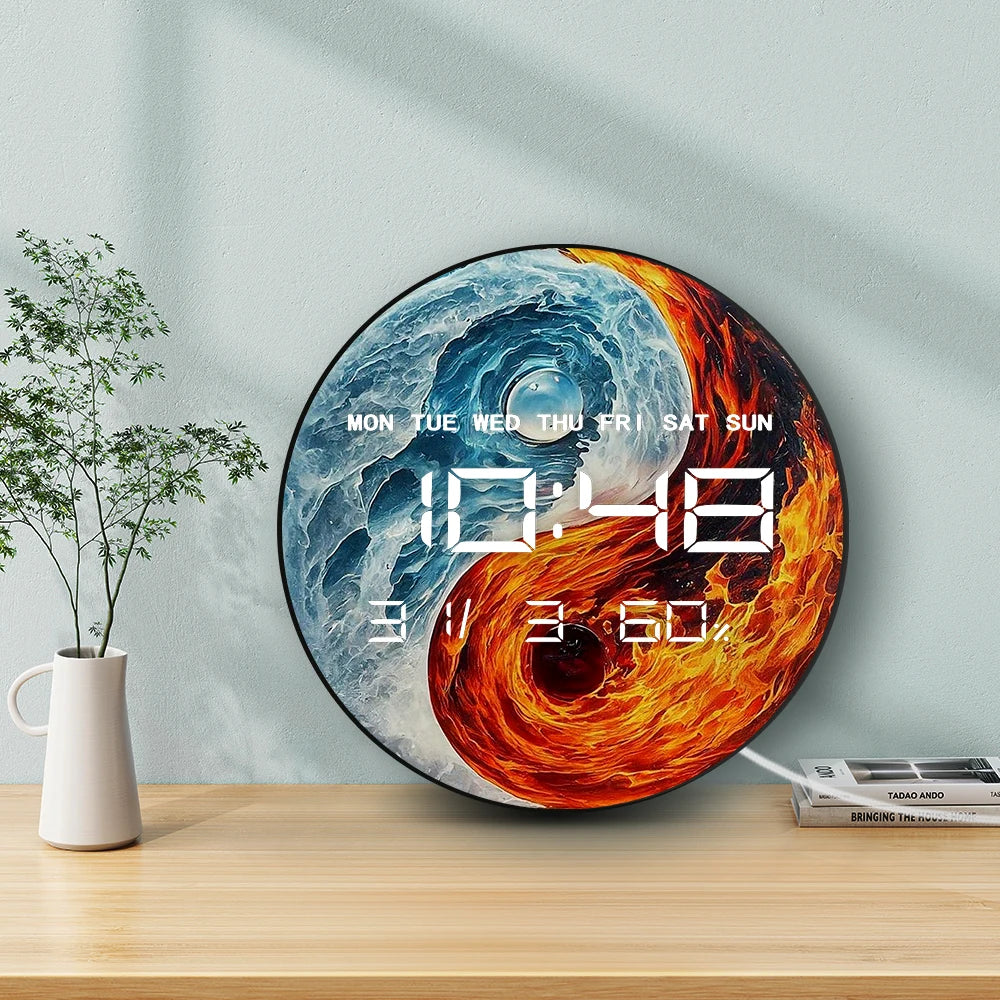 Fire and Ice Ying Yang Electric Wall Clock 12/24hour Timer Date Temperature Balance Spiritual Home Decor LED Digital Wall Clock