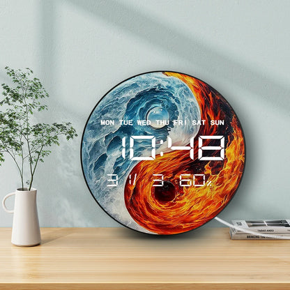 Fire and Ice Ying Yang Electric Wall Clock 12/24hour Timer Date Temperature Balance Spiritual Home Decor LED Digital Wall Clock