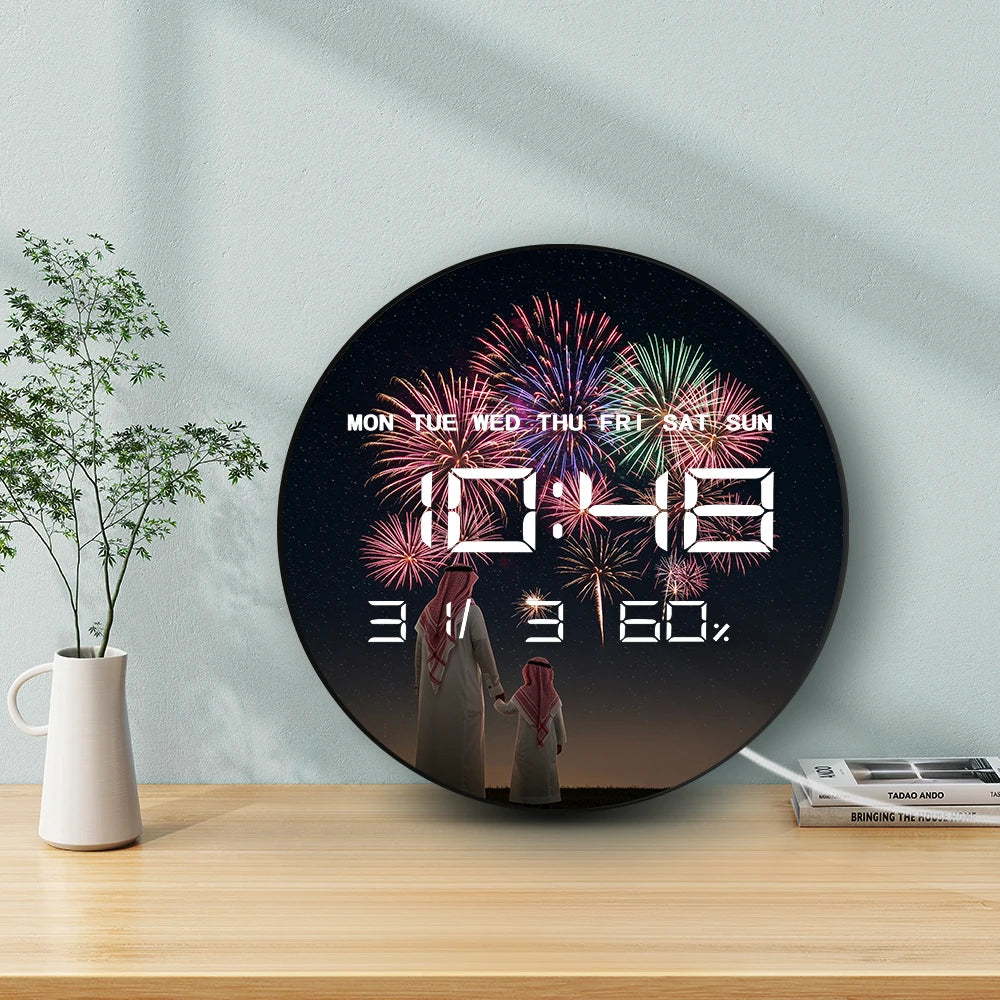 Eid Mubarak Night Fire work Electric Wall Clock Big Number Display Ramadan Home Decor Digital Wall Clock Saudi Housewarming Gift
