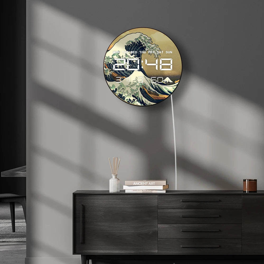 The Great Wave Large Electronic Wall Clock Retro Japanese Home Decor LED Digital Wall Clock Timer with Temperature Calendar Date
