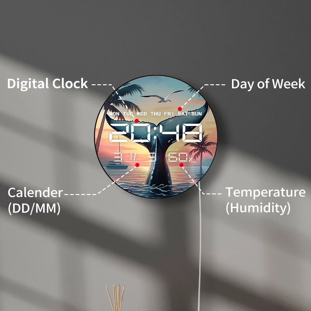 Big Whale Tail LED Digital Wall Clock with Calendar Temperature Auto Dimming Sea Life Home Decor 12/24hour Electronic Wall Clock