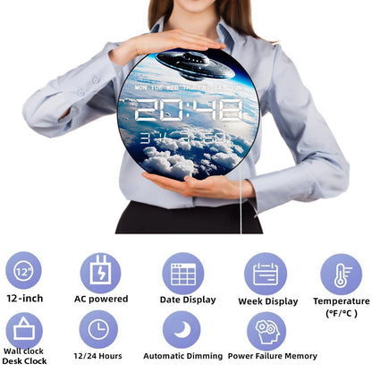 UFO Flying Earth Atmosphere LED Digital Wall Clock with Calendar Date Temperature Sci Fi Home Decor 12/24hr Electric Wall Clock