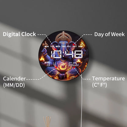 Lord Ganesha with Fire Guardian LED Auto Dimming Digital Clock Timer Electronic Wall Clock Big Display Calendar Date Temperature