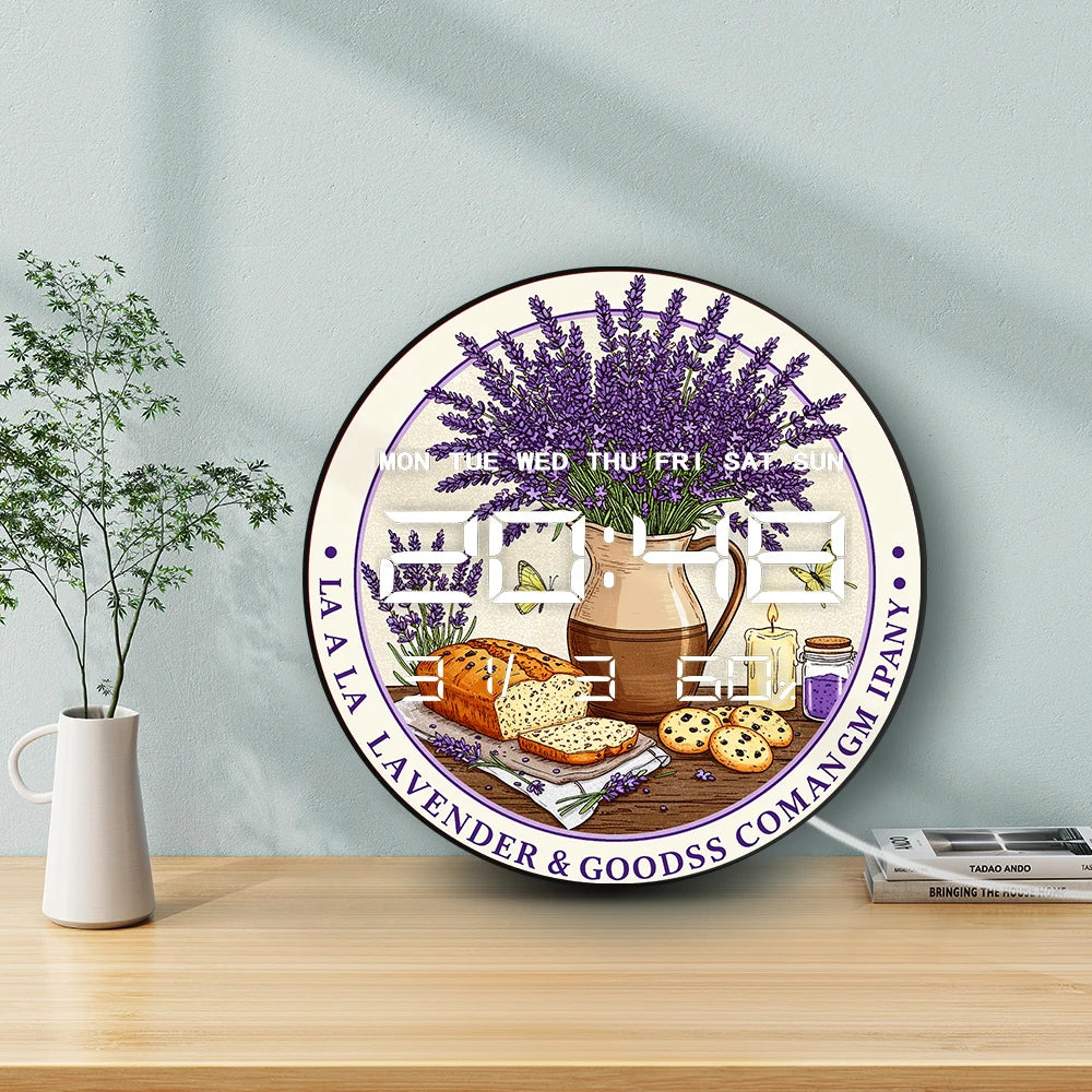 Lavender Flower with Bread Cookies LED Digital Wall Clock for Kitchen Dinning Room Home Decor Dual Purpose Electronic Wall Clock