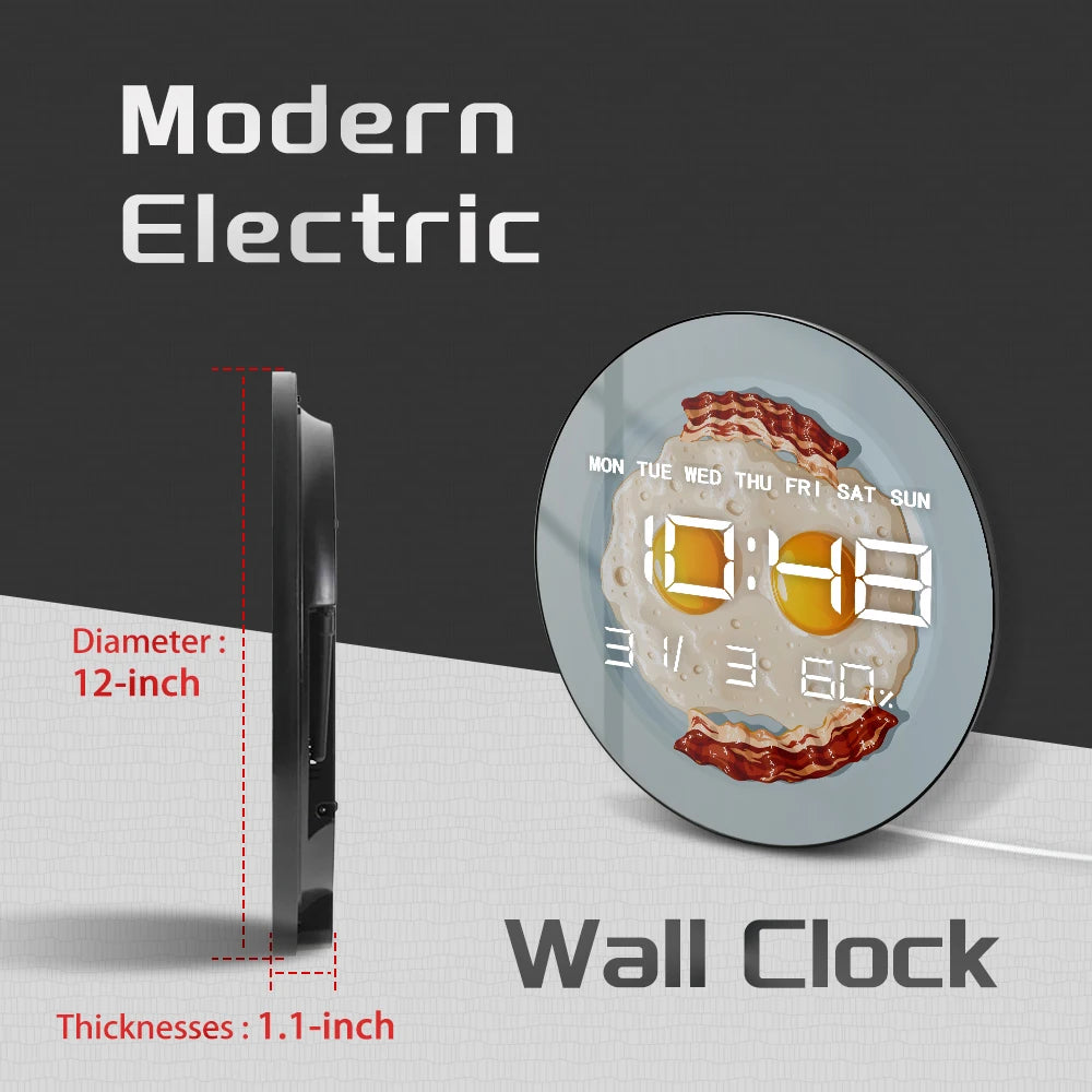 Scrambled Egg Bacon Breakfast LED Digital Wall Clock For Home Kitchen Dinning Room Unique Foodie Wall Art Electric Numeric Clock
