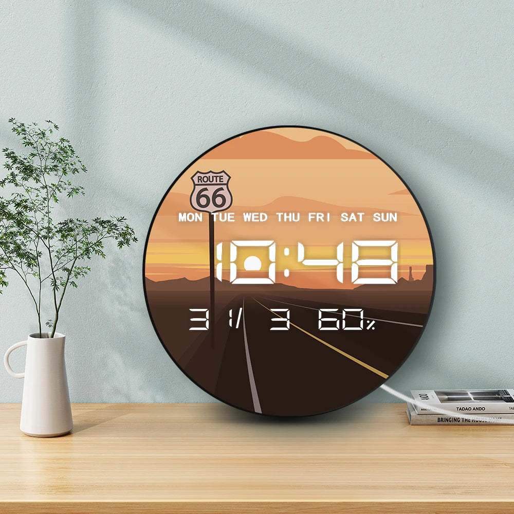 Route 66 Scene Classic Road Electronic Wall Clock Big Number Display USA Landscapes Home Decor Timepieces LED Digital Wall Clock