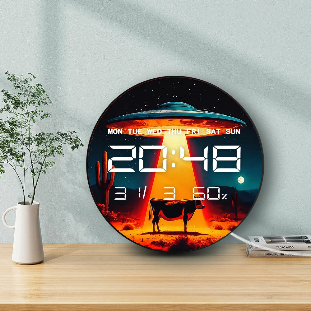 Retro Alien UFO Abduction Cow 12/24 Hour Electronic Wall Clock Western Home Decor Timepieces Auto Dimming LED Digital Wall Clock