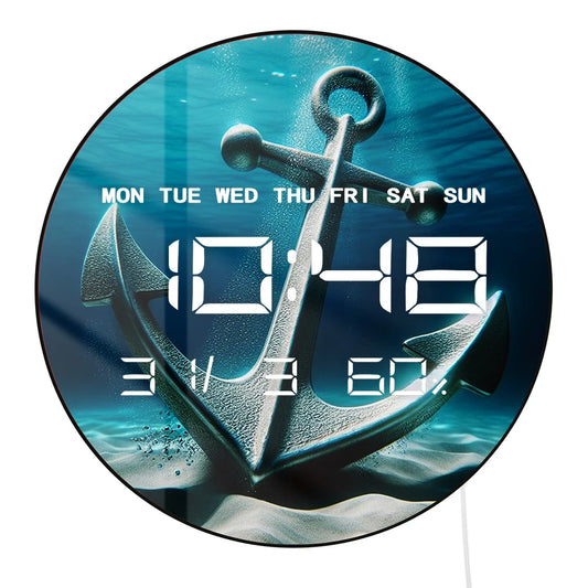 Nautical Ship Anchor LED Digital Wall Clock Undersea Home Decor 12/24hr Electronic Wall Clock with Calendar Date Temperature