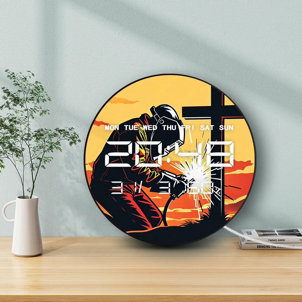 Welding the Cross Auto Dimming LED Digital Wall Clock Religious Home Decor 12/24hour Electronic Wall Clock Christian Welder Gift
