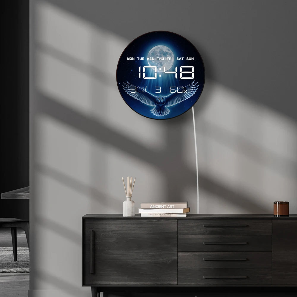 Flying Owl with Full Moon LED Auto Dimming Digital Wall Clock Electronic Wall Clock with Jumbo Numbers Calendar Date Temperature