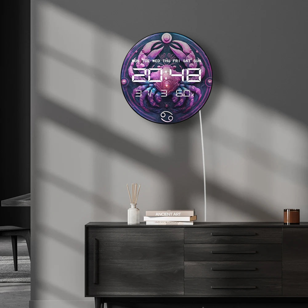 Zodiac Cancer Sign Multifunctional LED Digital Wall Clock Astrology Home Decor Electronic Clock Wall Desk Use July Birthday Gift