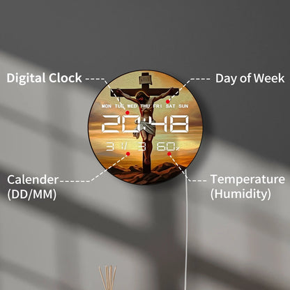 Jesus on Cross in Galgultha 12/24 Hour Electronic Wall Clock Religious Christian Home Decor Auto Dimming LED Digital Clock Timer