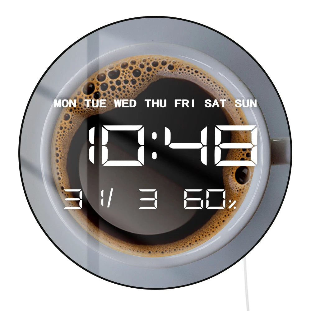 Top view Coffee Mug LED Digital Wall Clock Barista Minimalist Electronic Kitchen Wall Clock Large Numeric Display Cafe Bar Decor