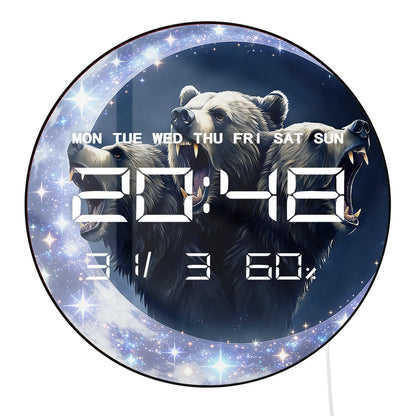 Fierce Roaring Bear with Crescent Moon Multifunctional LED Digital Wall Clock Powerful Home Decor 12/24 Hour Electric Wall Clock