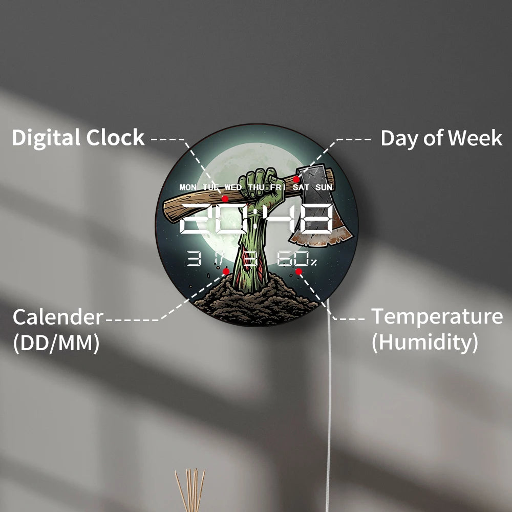 Zombie Arm Holding Axe with Full Moon Electronic Wall Clock with 12/24hr LED Digital Display Calendar Date Temperature Humidity