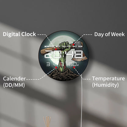 Zombie Arm Holding Axe with Full Moon Electronic Wall Clock with 12/24hr LED Digital Display Calendar Date Temperature Humidity