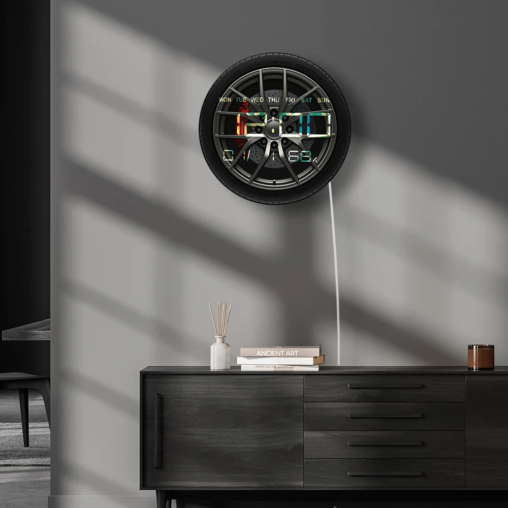 Car Wheel Digital Wall Clock with Timer Date Temperature Display Car Tire Large Numeric Display Electronic Wall Clock For Garage