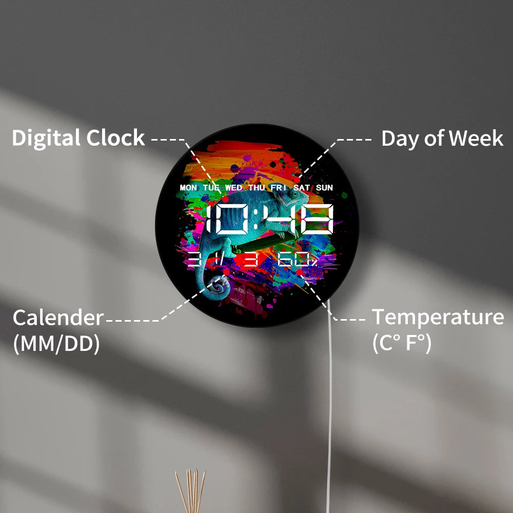 Vibrant Chameleon LED Digital Wall Clock Large Display Calendar Animal Artwork Home Decor Modern Design Electronic Wall Clock