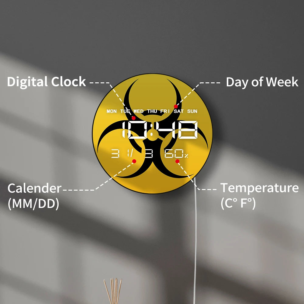 Warning Biohazard Sign Dual Purpose LED Digital Wall Clock Large Display Hazardous Symbol Multifunctional Electronic Wall Clock