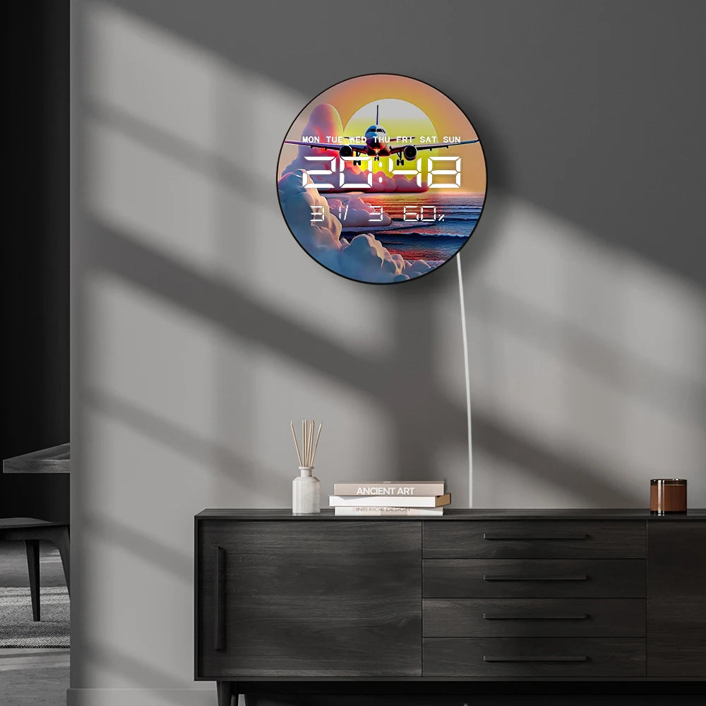 Airplane Take Off with Cloud at Sunset Auto Dimming LED Digital Wall Clock with Calendar Temperature 12/24hr Electric Wall Clock