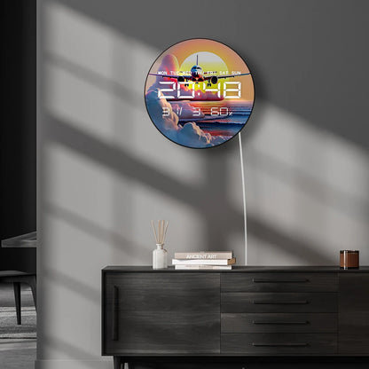 Airplane Take Off with Cloud at Sunset Auto Dimming LED Digital Wall Clock with Calendar Temperature 12/24hr Electric Wall Clock