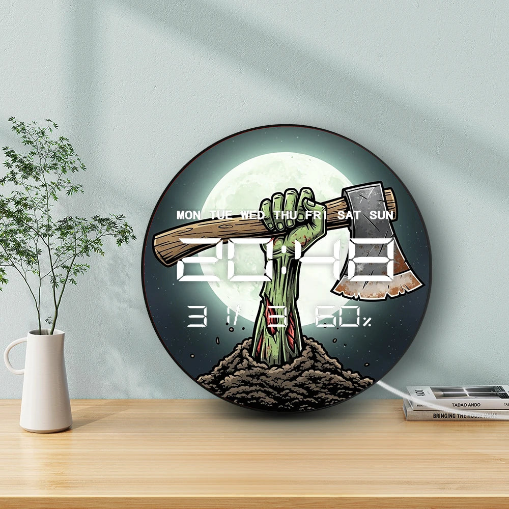 Zombie Arm Holding Axe with Full Moon Electronic Wall Clock with 12/24hr LED Digital Display Calendar Date Temperature Humidity