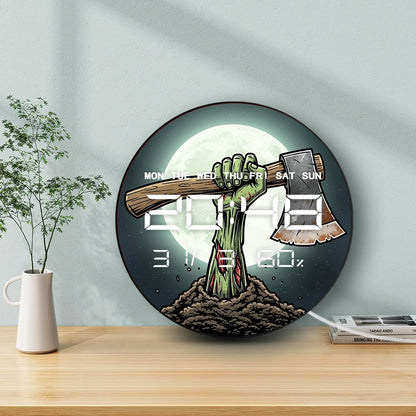 Zombie Arm Holding Axe with Full Moon Electronic Wall Clock with 12/24hr LED Digital Display Calendar Date Temperature Humidity
