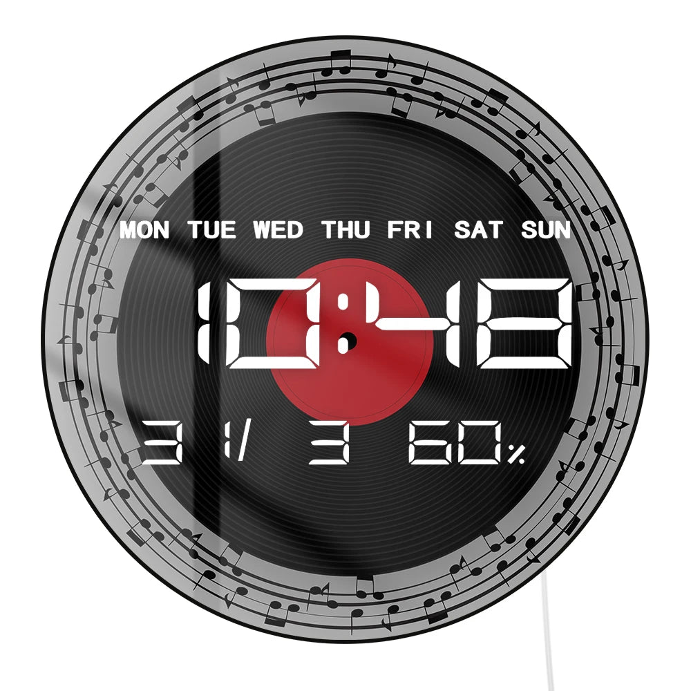 Retro Viny Record With Music Notes Electric Wall Clock Large Numeric Display Musical Home Decor LED Digital Clock Wall Desk Use
