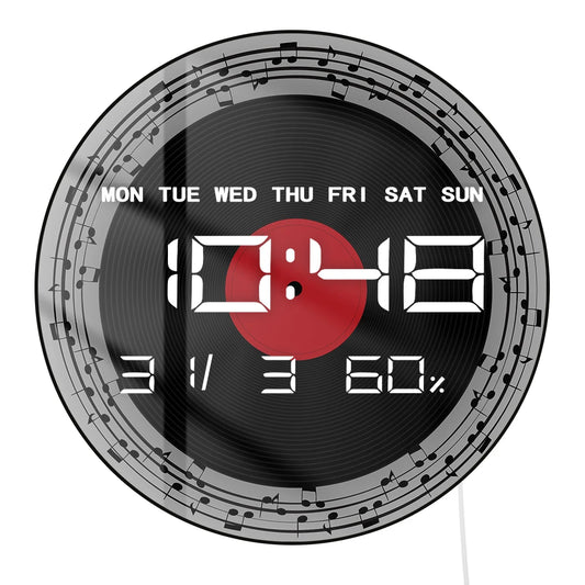 Retro Viny Record With Music Notes Electric Wall Clock Large Numeric Display Musical Home Decor LED Digital Clock Wall Desk Use
