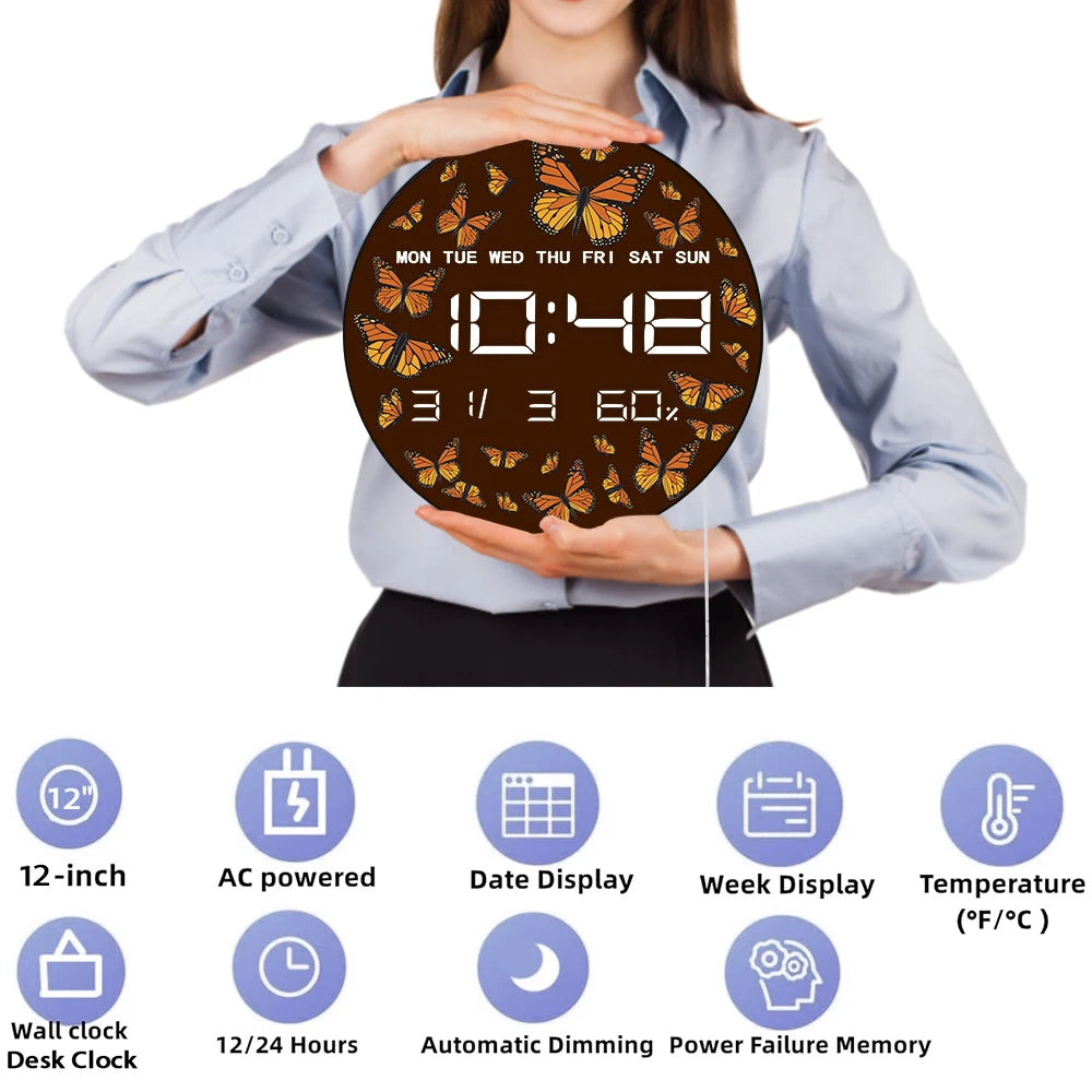 Monarch Butterflies Electronic Wall Clock Entomology Nature Insect LED Digital Wall Clock with Timer Date Temperature Calendar