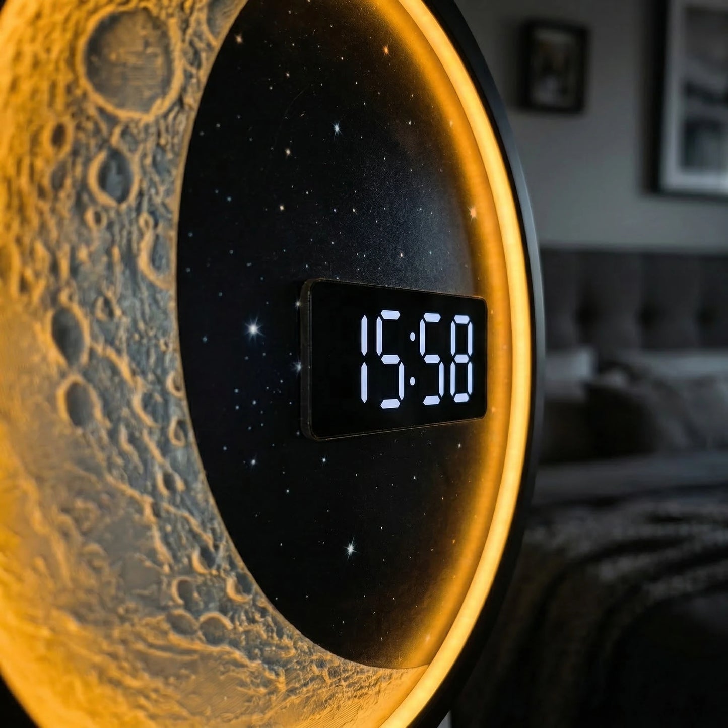 Moon Phase Metal Frame Wall Clock LED Digital Time Display Gentle Glow Resin Lunar Texture Space Home Decor Electric Wall Clock