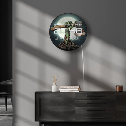 Zombie Arm Holding Axe with Full Moon Electronic Wall Clock with 12/24hr LED Digital Display Calendar Date Temperature Humidity