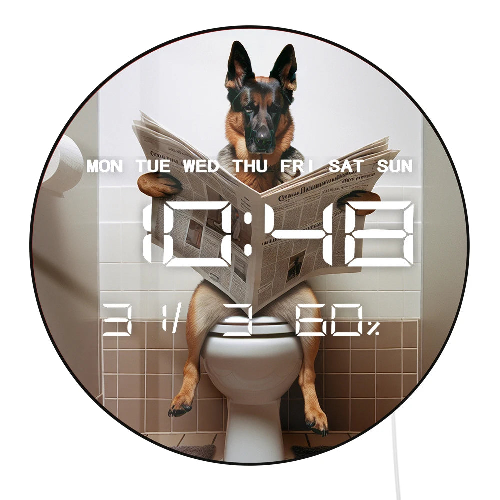 German Shepherd on Toilet Reading Newspaper LED Digital Wall Clock with Calendar Temperature Autom Dimming Electronic Wall Clock