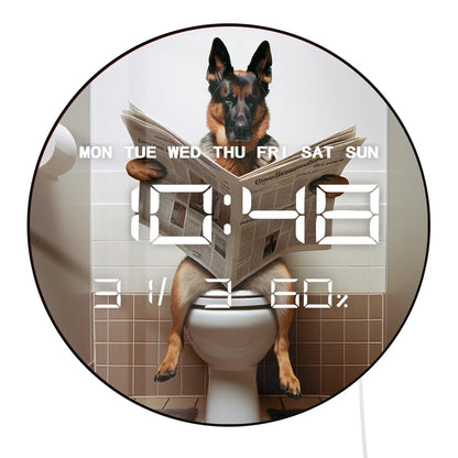 German Shepherd on Toilet Reading Newspaper LED Digital Wall Clock with Calendar Temperature Autom Dimming Electronic Wall Clock