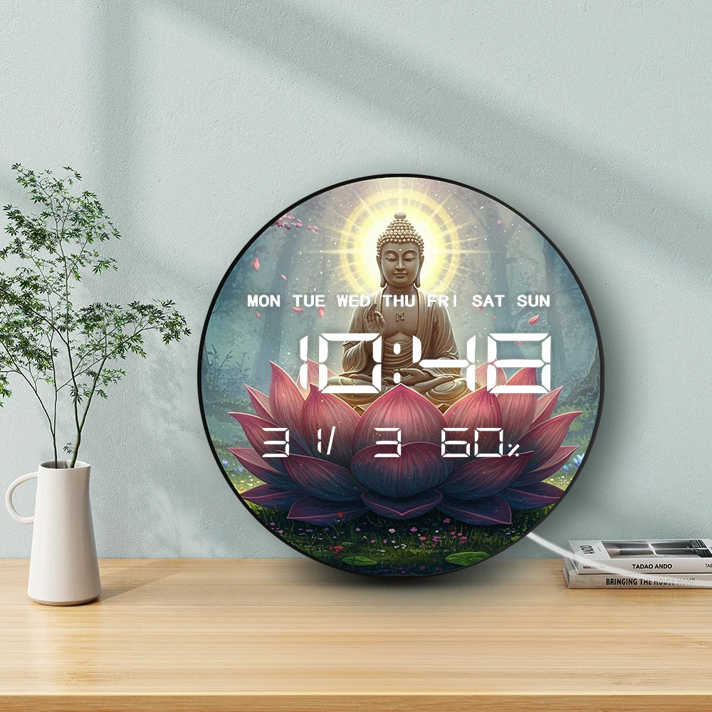 Buddha Seated on Giant Lotus Digital Wall Clock with LED Display Calendar Temperature Automatic Dimming 12/24hr Electronic Clock