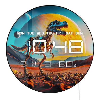 Skeleton T-rex Dinosaur Electronic Wall Clock with Calendar Date Temperature 12/24Hour Timer LED Auto Dimming Digital Wall Clock