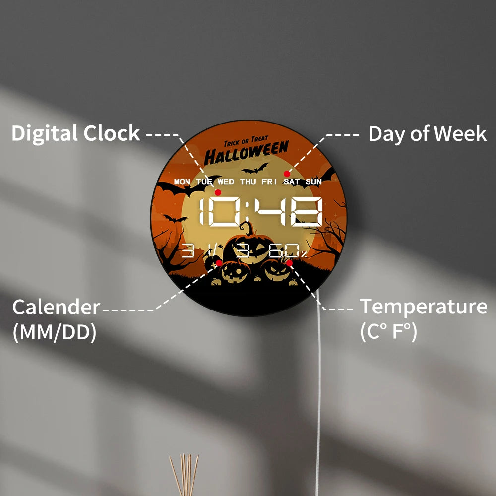 Trick or Treat Digital Wall Clock with LED Display Full Moon Ghost Pumkins Bats Halloween Electric Clock Large Numeric Display