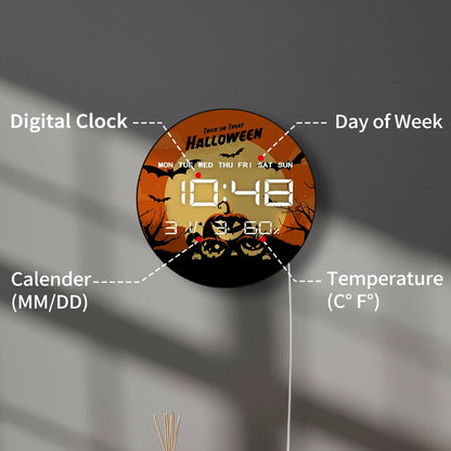 Trick or Treat Digital Wall Clock with LED Display Full Moon Ghost Pumkins Bats Halloween Electric Clock Large Numeric Display