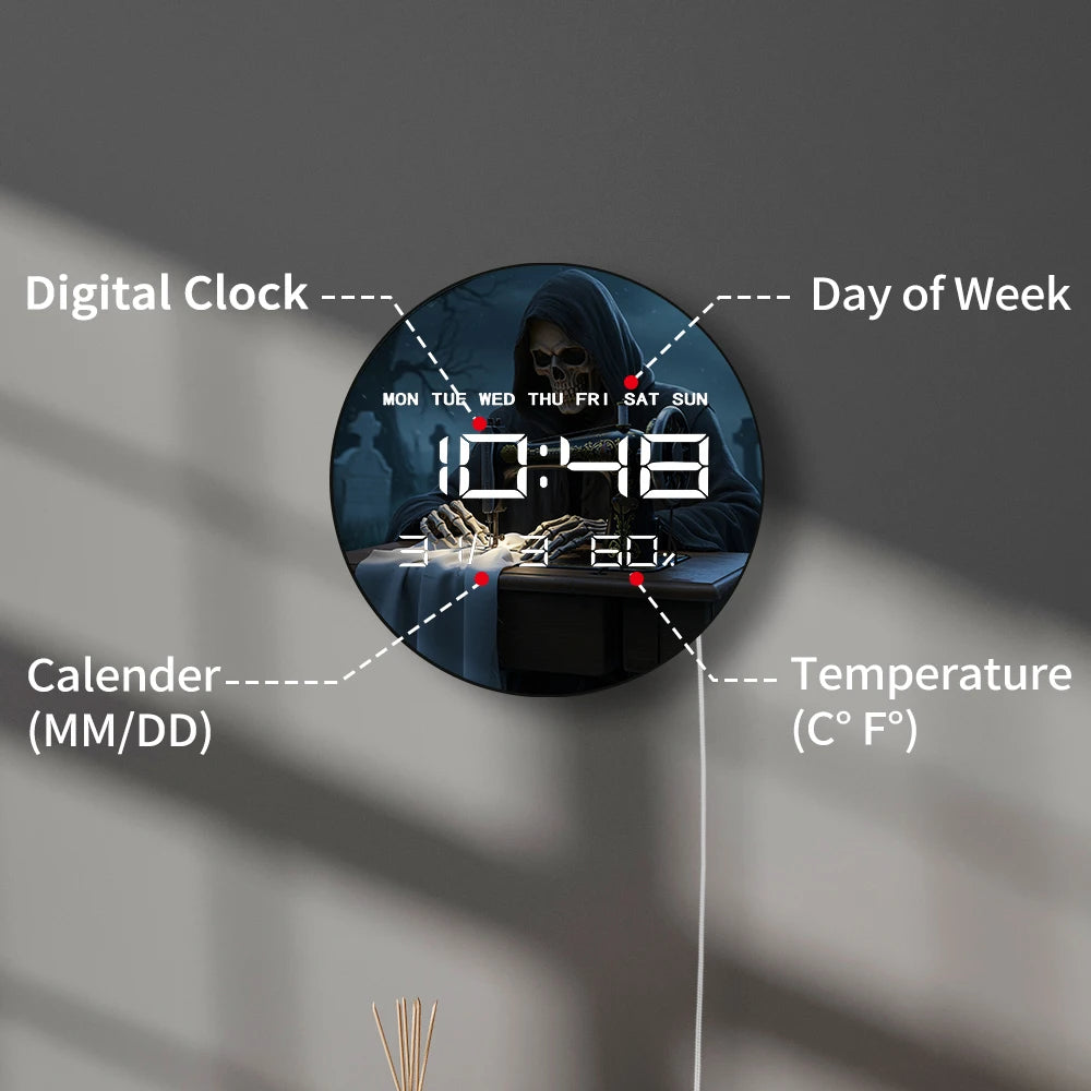 Grim Reaper using Sewing Machine LED Digital Wall Clock with Calendar Temperature Dark Fantasy Home Decor Electronic Wall Clock