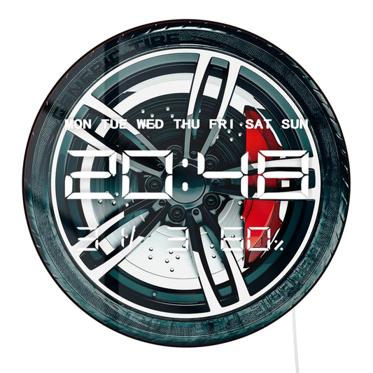 3d Car Tire Wheel LED Digital Wall Clock for Garage Workshop 12/24hr Timer Electronic Wall Clock with Calendar Date Temperature