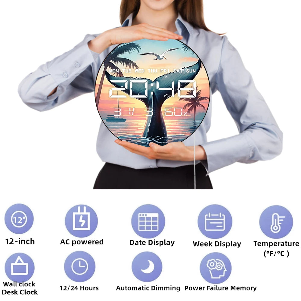 Big Whale Tail LED Digital Wall Clock with Calendar Temperature Auto Dimming Sea Life Home Decor 12/24hour Electronic Wall Clock