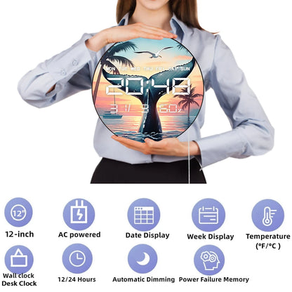 Big Whale Tail LED Digital Wall Clock with Calendar Temperature Auto Dimming Sea Life Home Decor 12/24hour Electronic Wall Clock