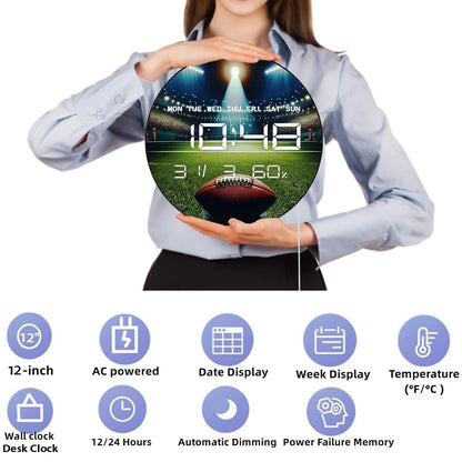 American Football Ball Digital Wall Clock with LED Display Calendar Temperature Auto Dimming 12/24hr Format Electric Wall Clock